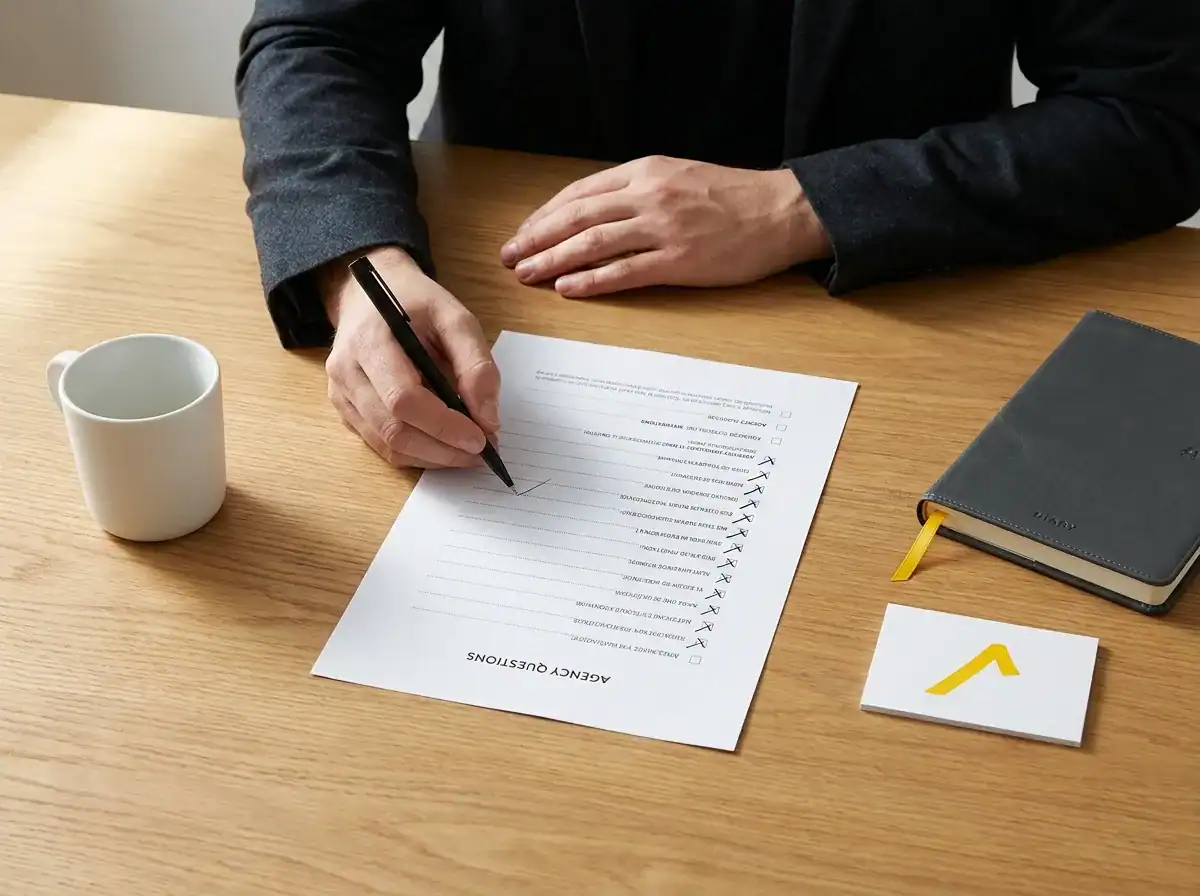Practice manager reviewing a printed healthcare agency evaluation checklist at a desk