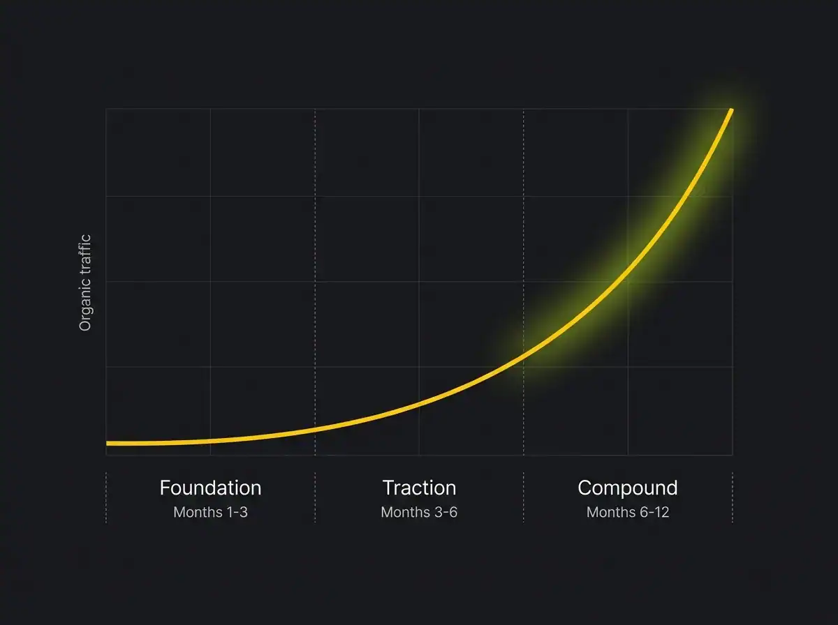 Healthcare SEO results timeline showing three phases of growth at 3, 6, and 12 months