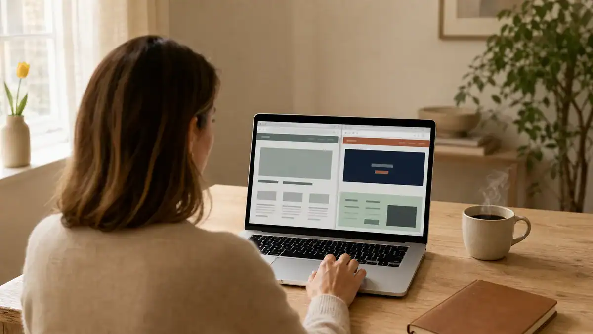 Business owner at a desk comparing two supplier websites on a laptop