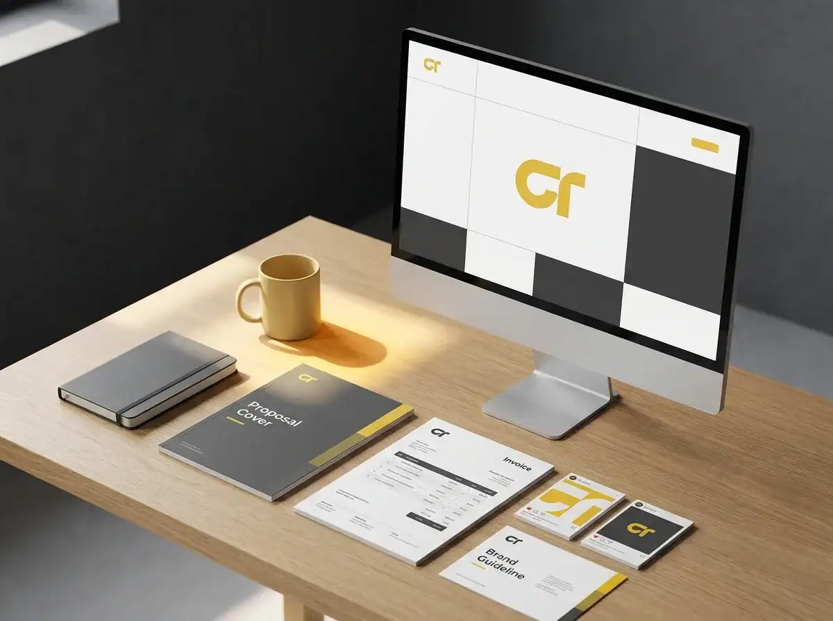 iMac showing a business website homepage with matching brand materials arranged around it