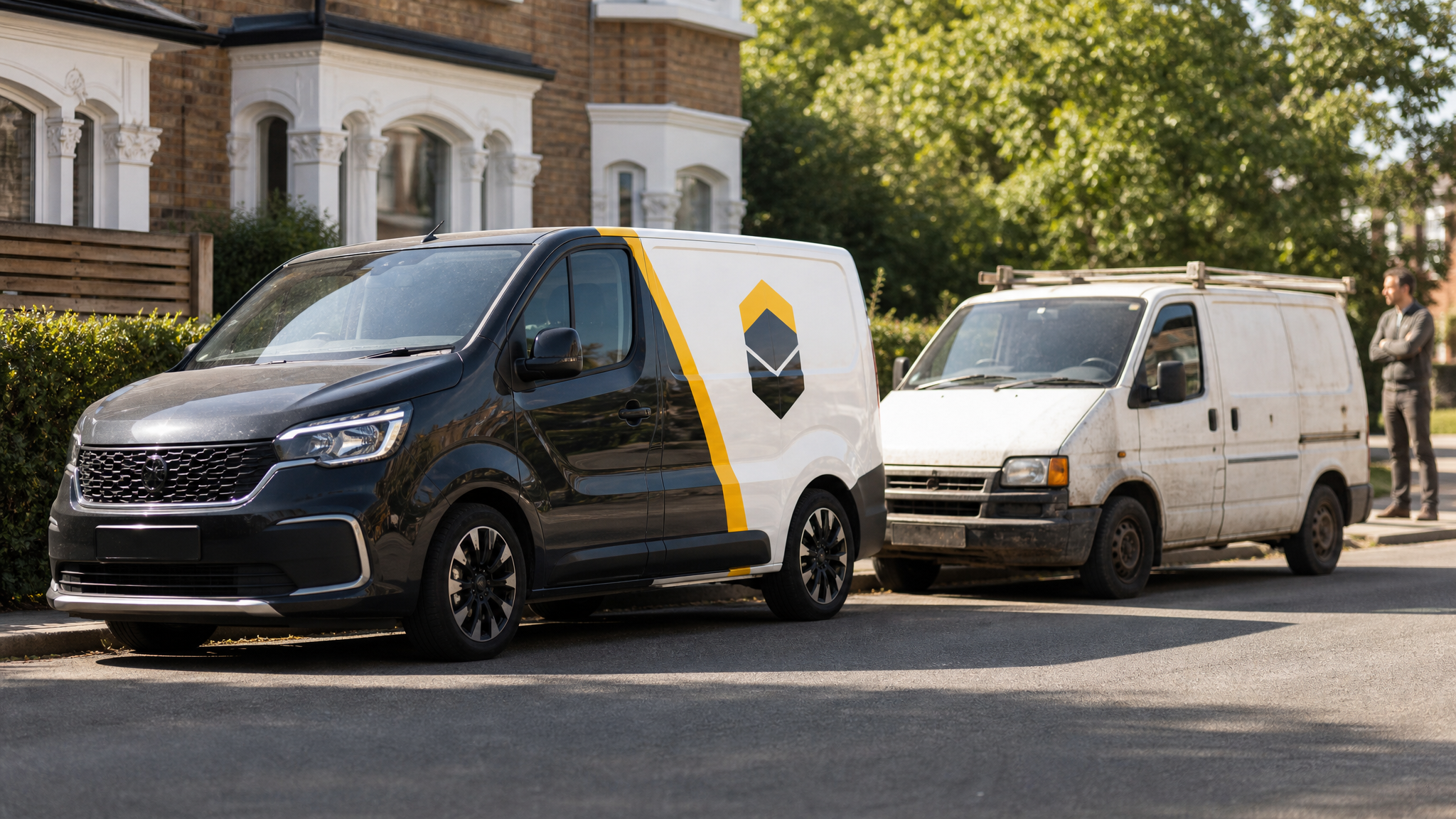 Two service vans side by side, one crisply branded and one plain, a homeowner drawn to the branded one