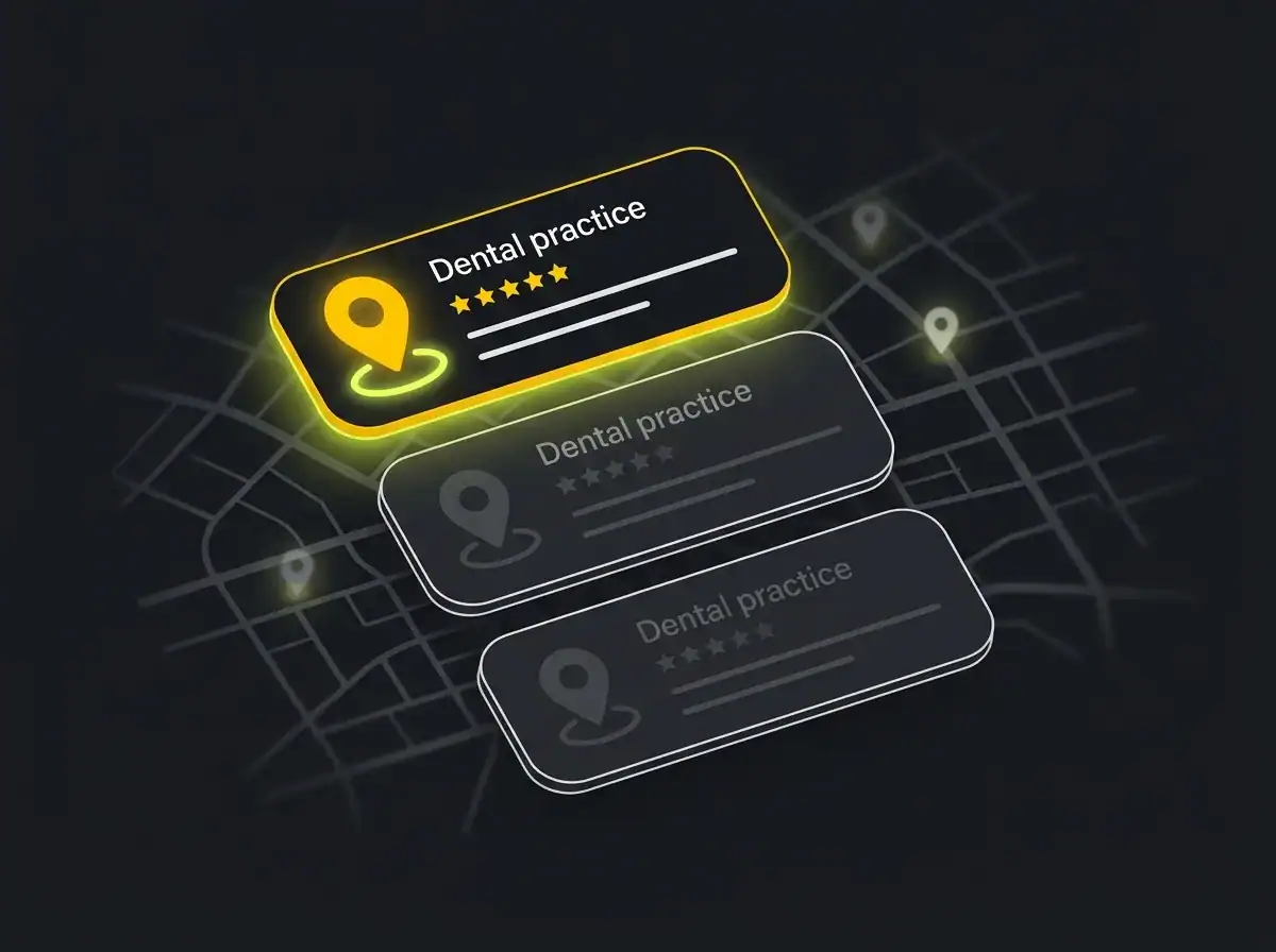 Stylised Google map pack showing three UK dental practice listings
