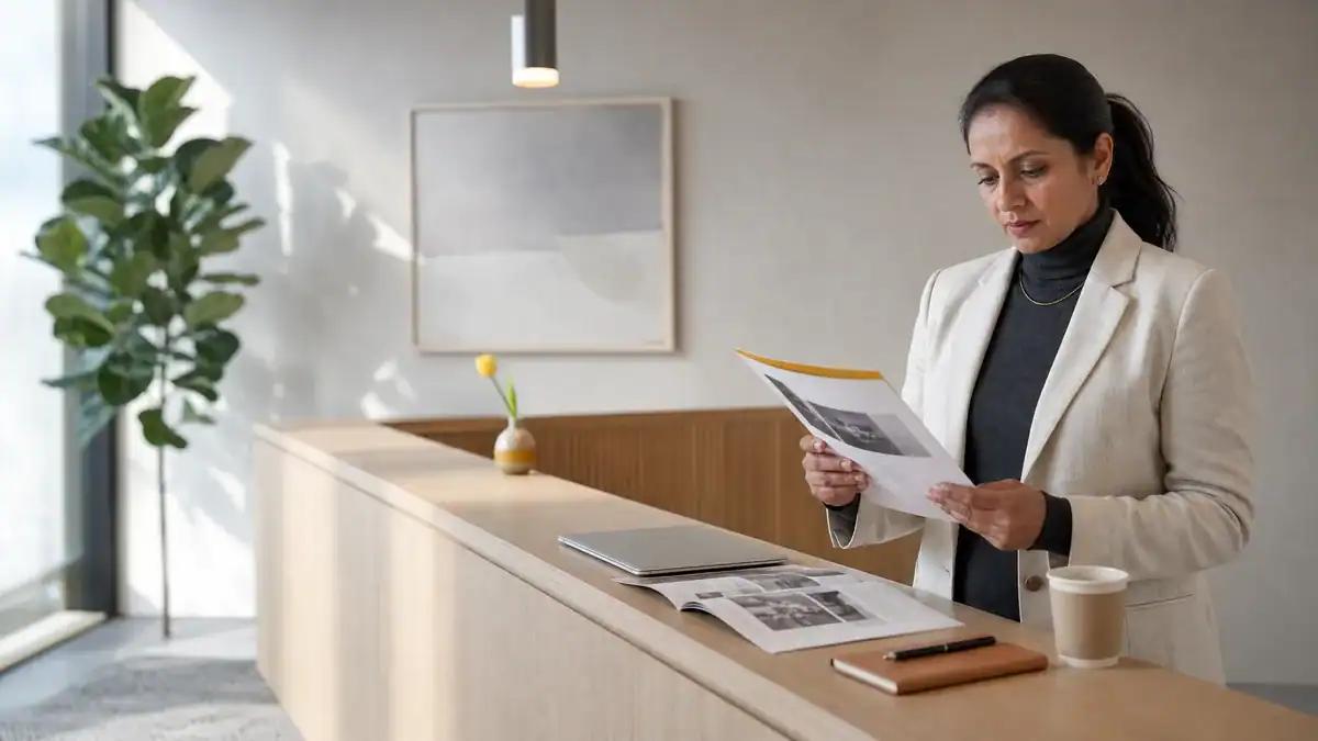 UK dental practice principal at a reception desk reviewing marketing proposals