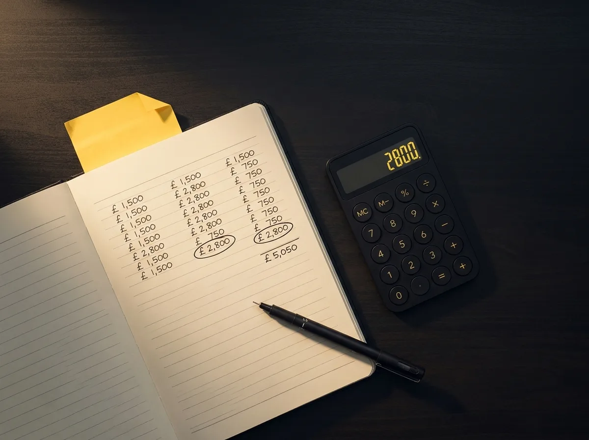 Notebook with handwritten budget figures beside a calculator on a desk