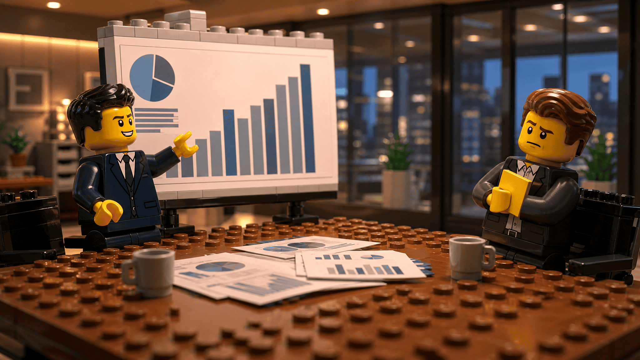 Lego agency figure presenting oversized traffic graphs to a skeptical Lego business owner holding a yellow checklist