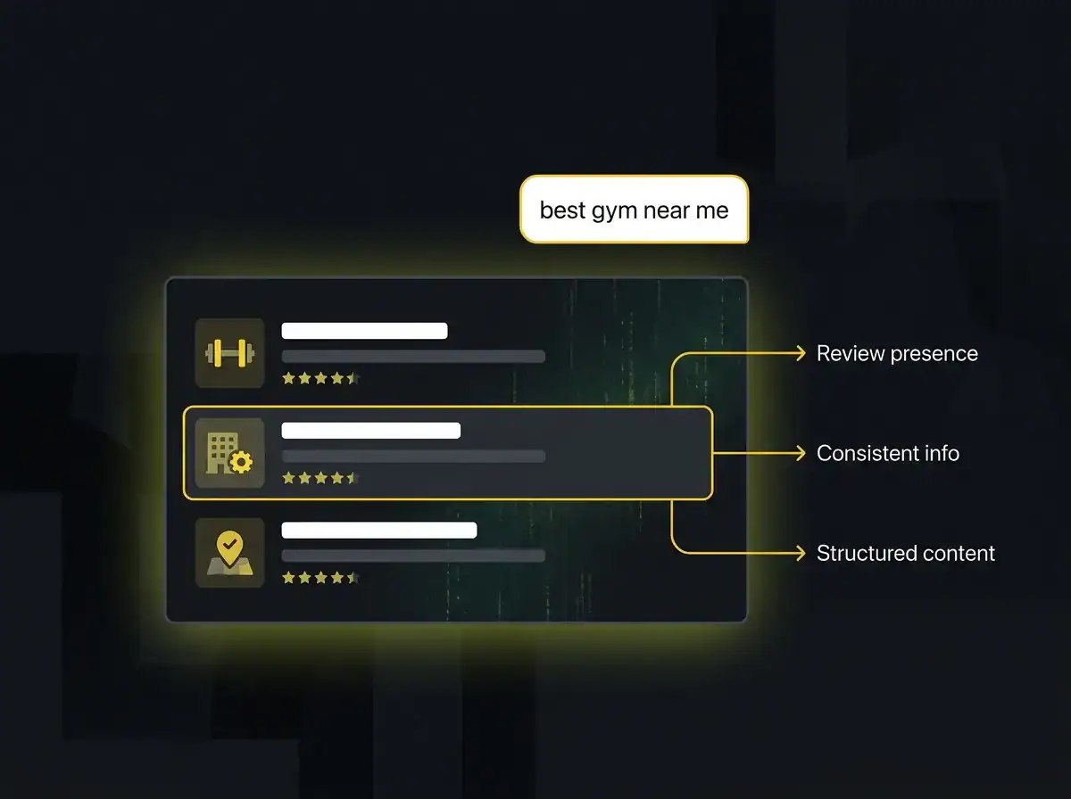 ChatGPT interface showing AI gym recommendations with citation factors annotated