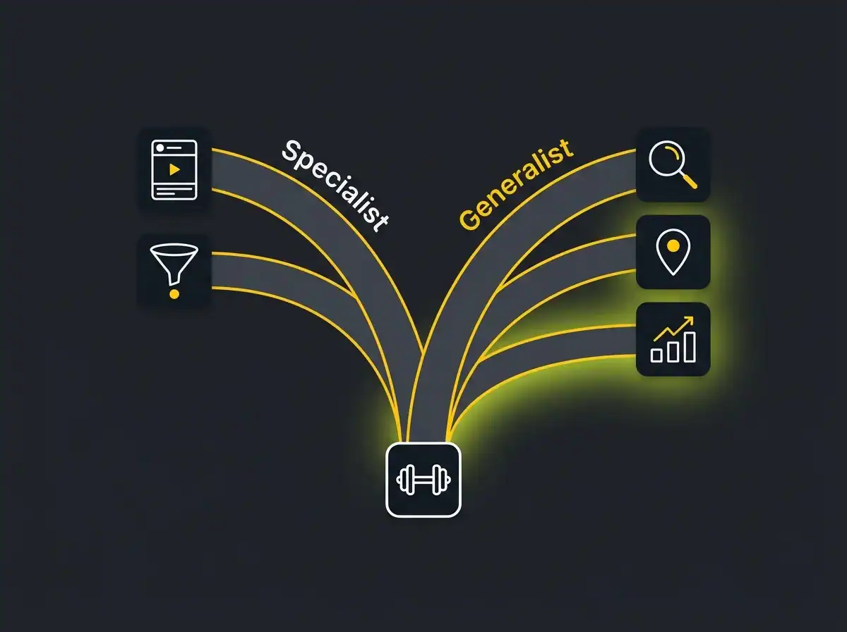 Editorial diagram comparing specialist fitness agency and generalist digital agency paths for gym owners