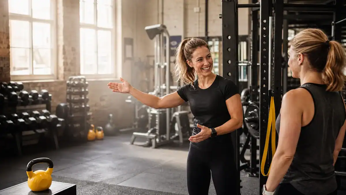 Two women in workout gear talking in a gym with fitness equipment.