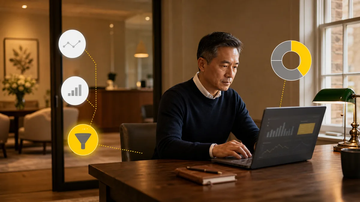 Private clinic owner reviewing marketing analytics at a desk