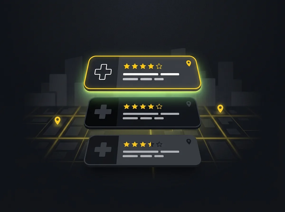 Stylised Google map pack with three private clinic listings and star ratings