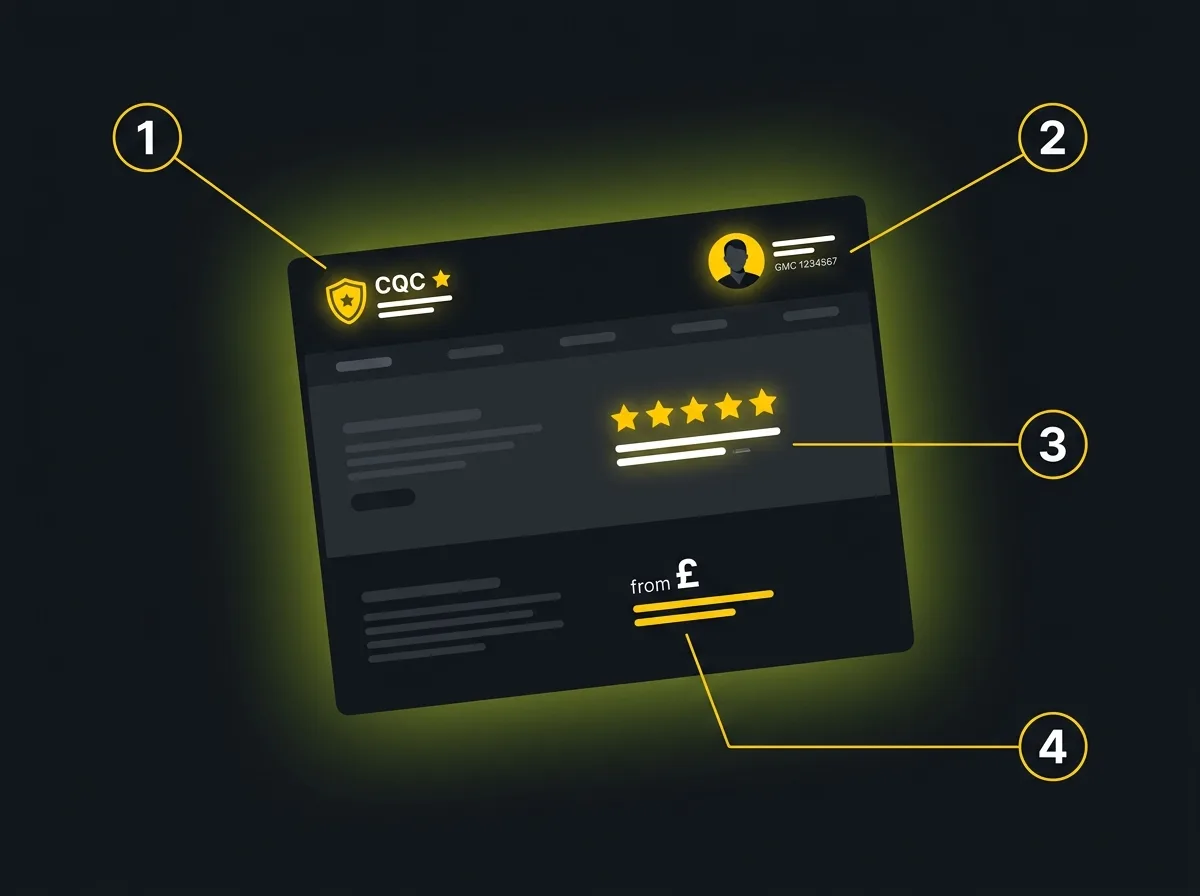 Annotated clinic homepage mock showing four key patient trust signals