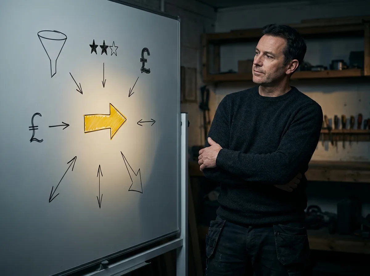 Business owner at a whiteboard covered in disconnected marketing channel diagrams