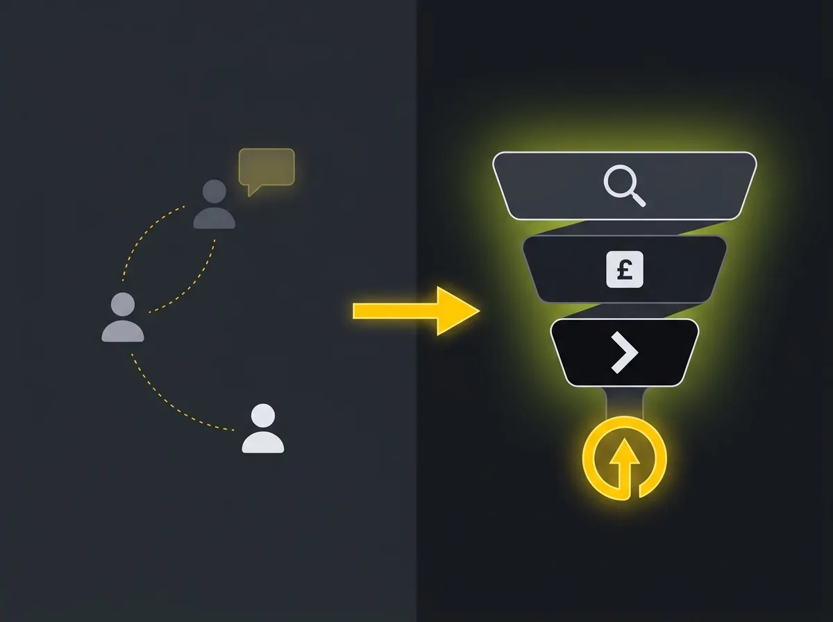 Diagram comparing word-of-mouth referrals to a structured SEO and paid search lead funnel