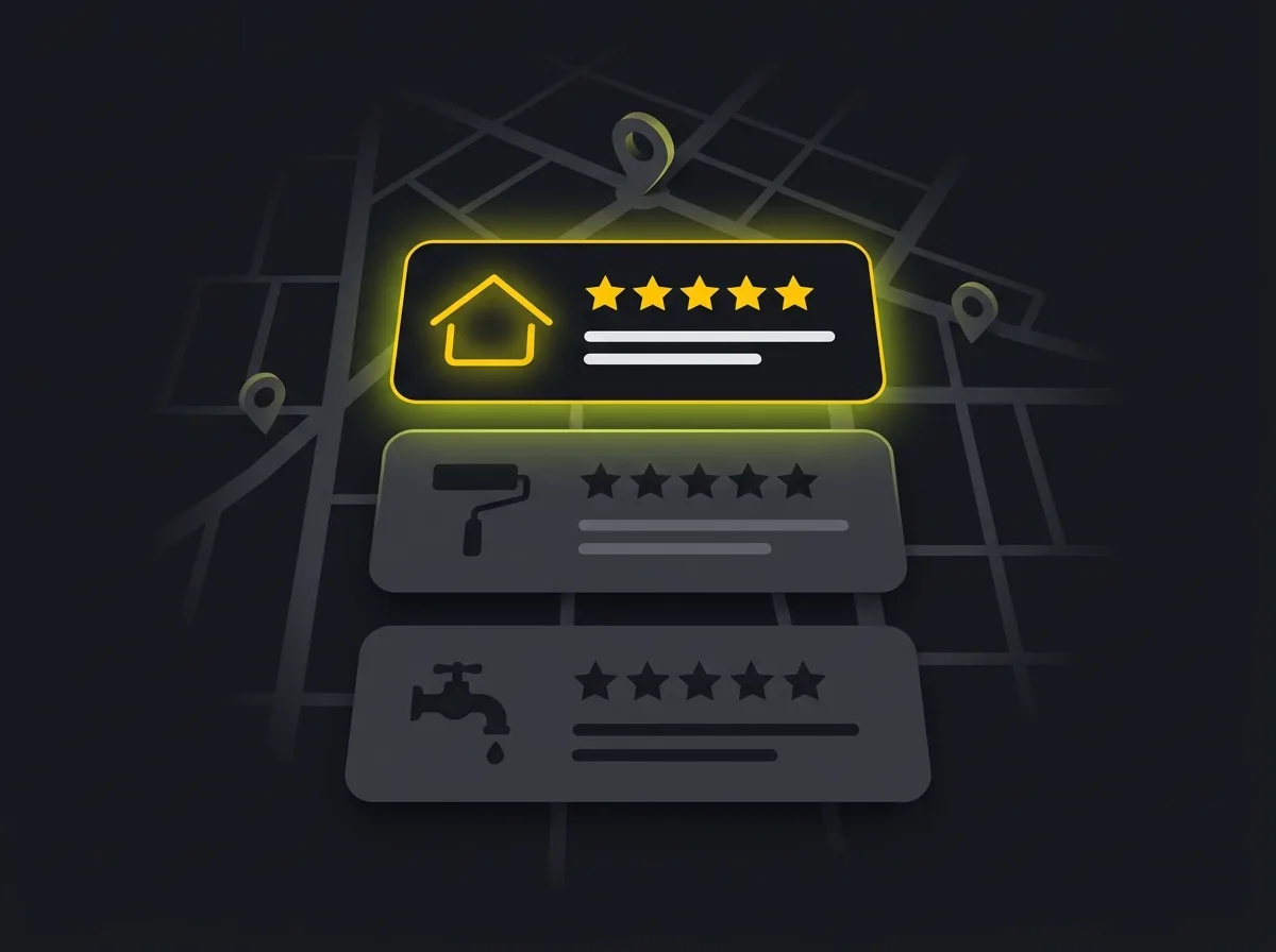 Stylised Google map pack showing three local home improvement businesses with star ratings