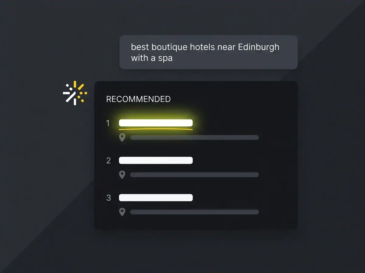 AI search response mockup recommending boutique hotels near a UK city centre