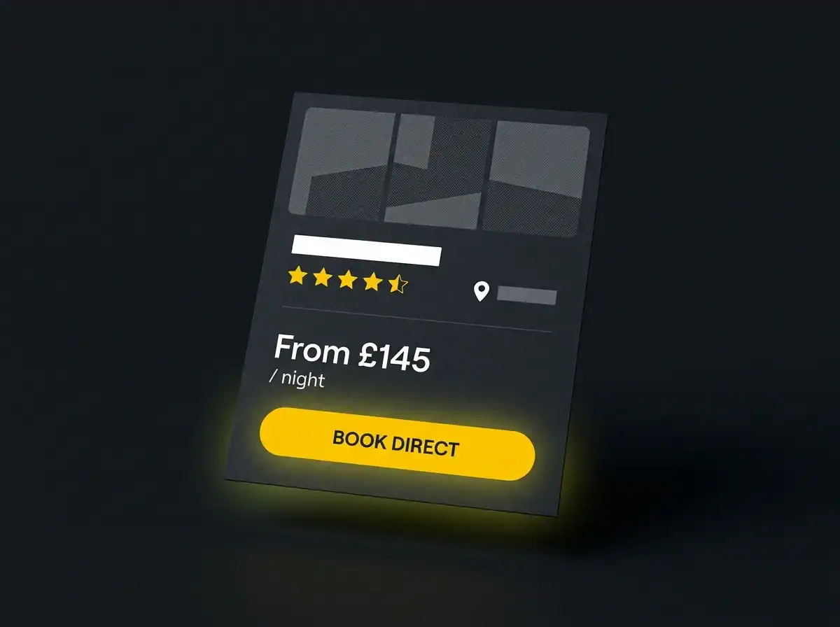 Hotel Google Business Profile mockup showing room rate display and book direct button