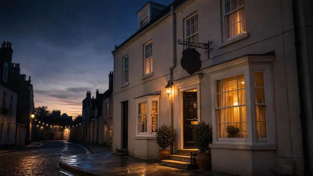 UK independent boutique hotel exterior with warm window lighting at dusk