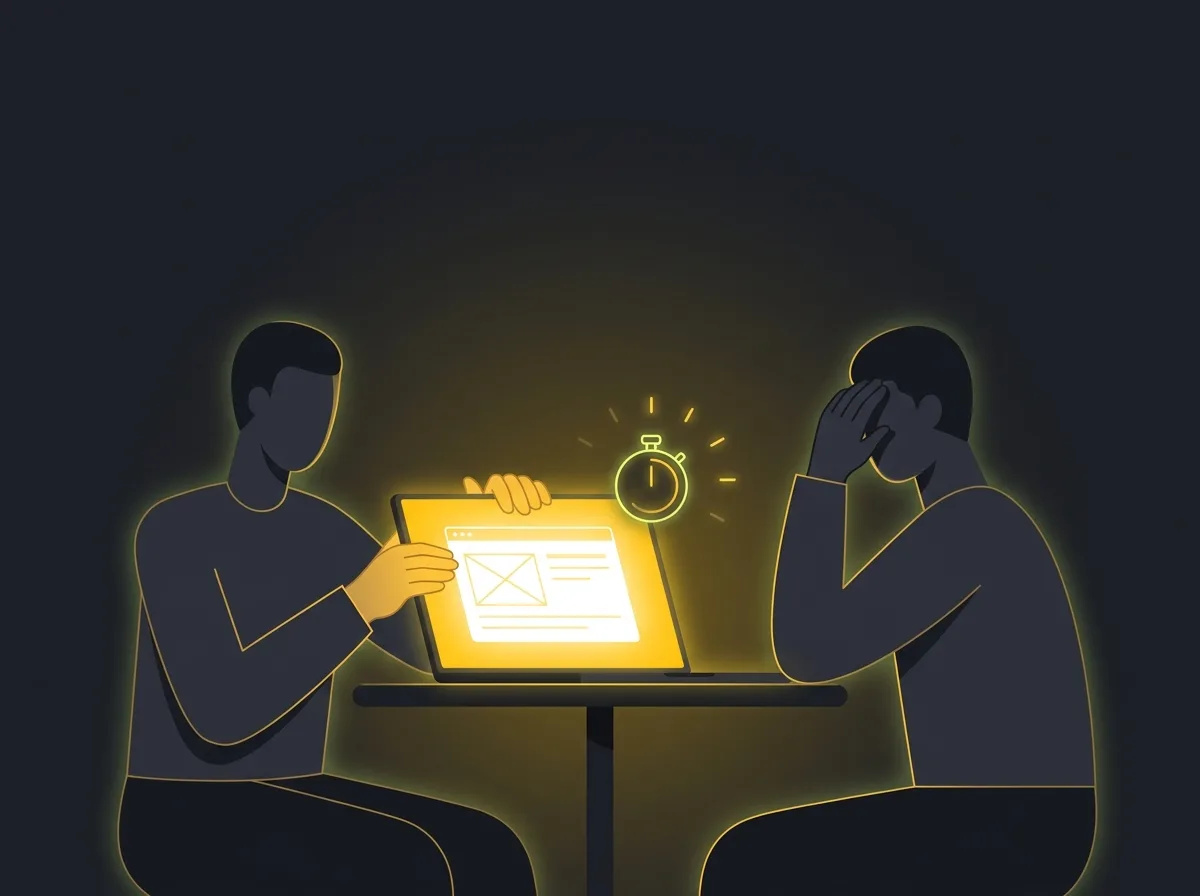 Illustration of a person showing a laptop screen to a colleague for a five-second trust test