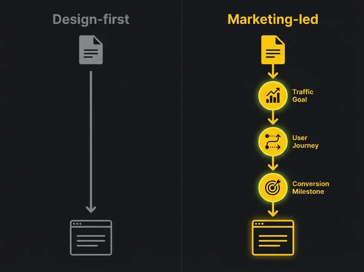 Comparison of design-first and marketing-led digital strategies.