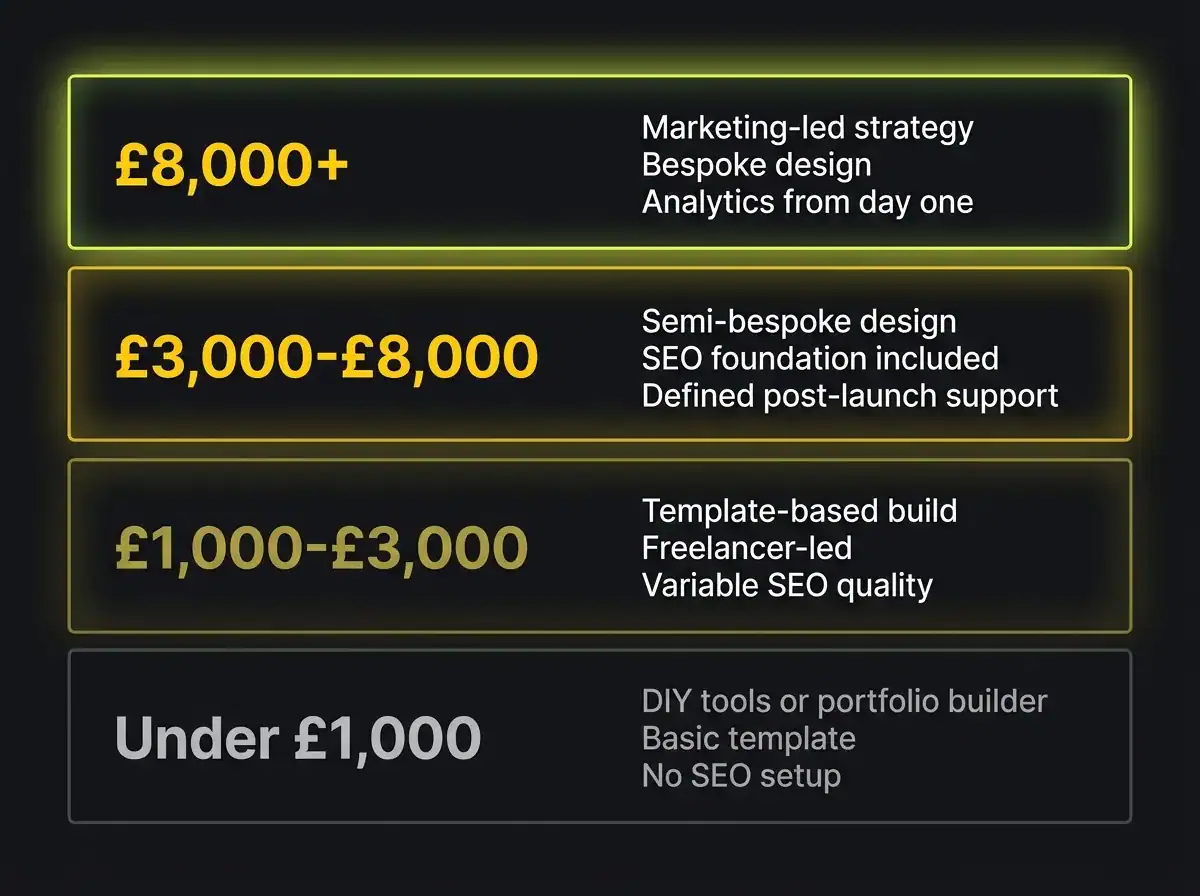 Four-tier UK website price breakdown from under £1,000 to over £8,000