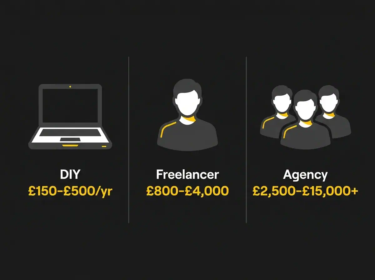 Illustrated comparison of three UK website build routes and their cost ranges