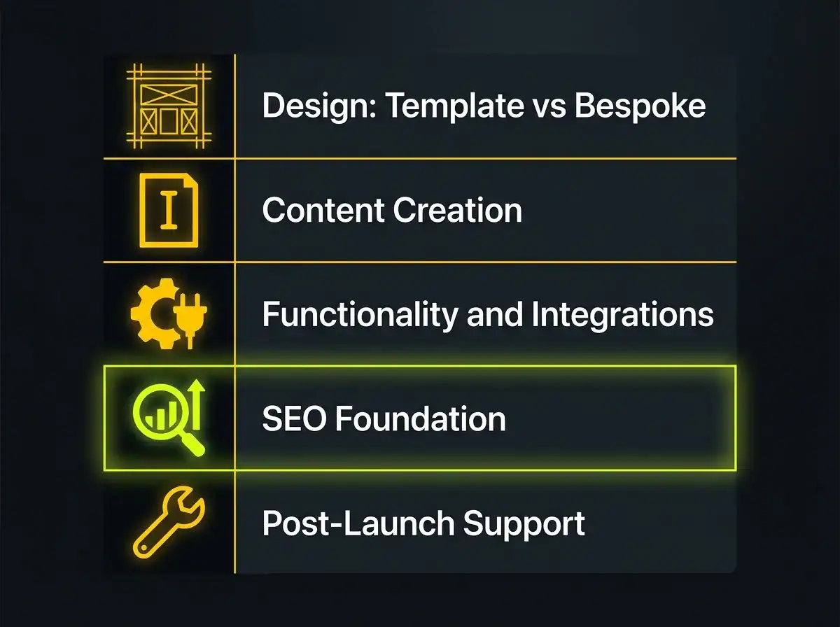 Infographic showing five factors that drive UK website cost differences