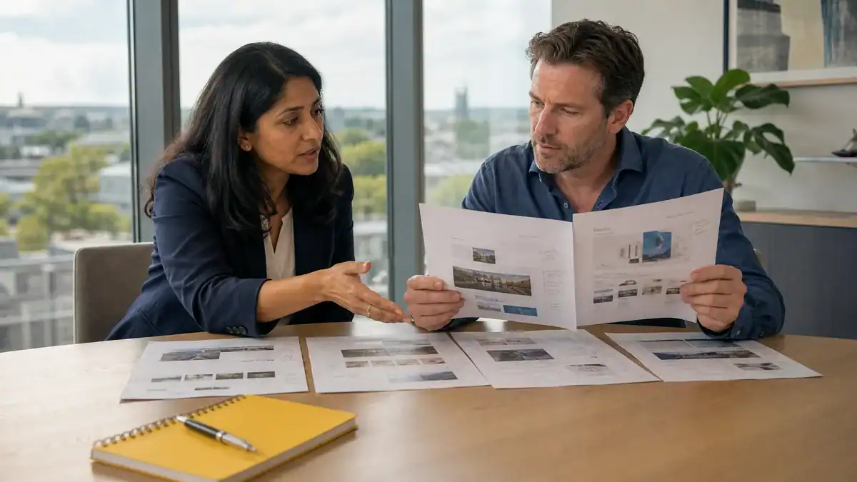 Two professionals discussing design plans at Creative Tweed.