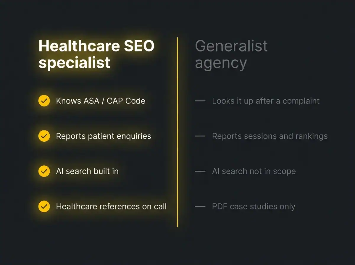 Comparison diagram: healthcare SEO specialist versus generalist agency with a healthcare landing page