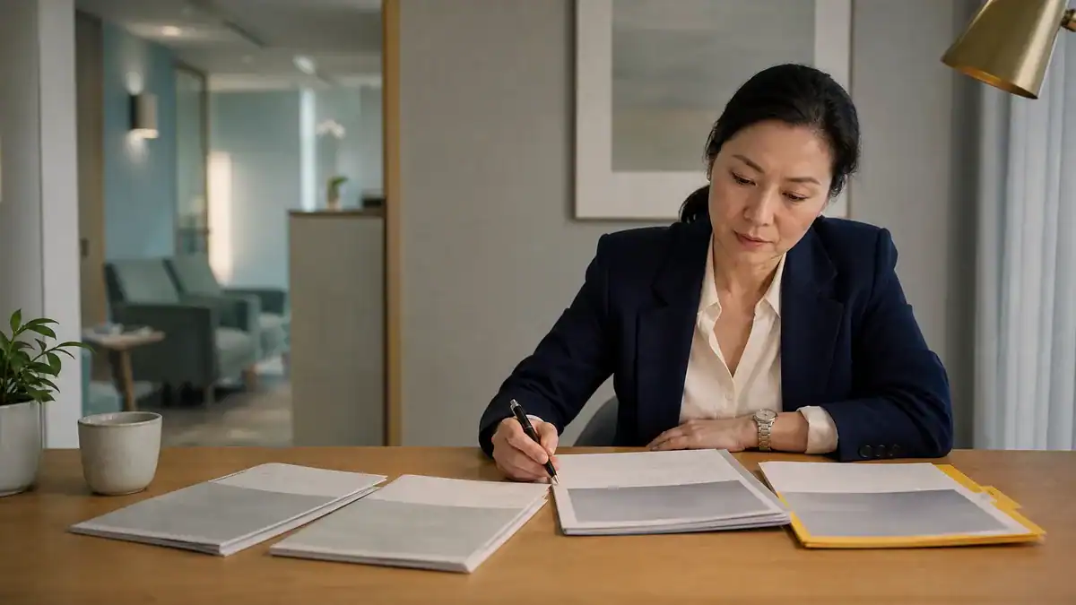 Healthcare practice manager reviewing SEO agency proposals at a clinic desk