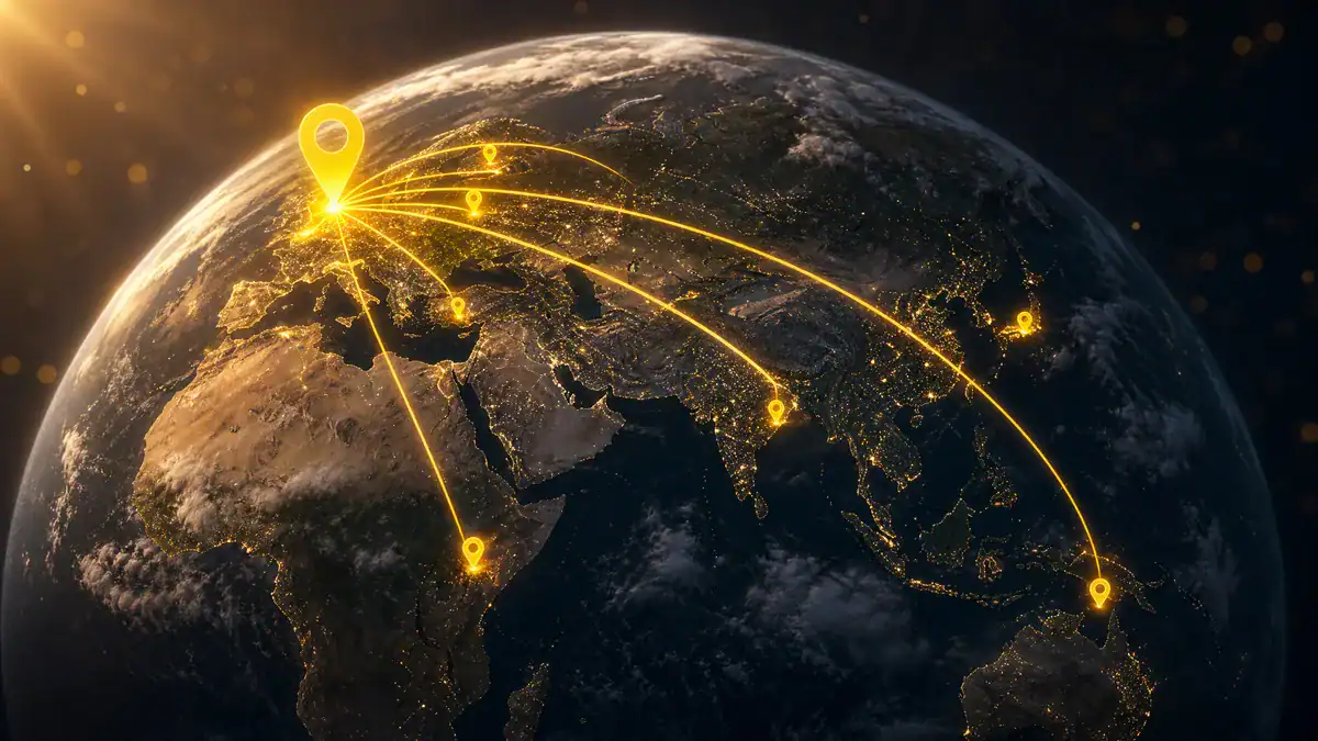 Digital globe with glowing connection points across continents.