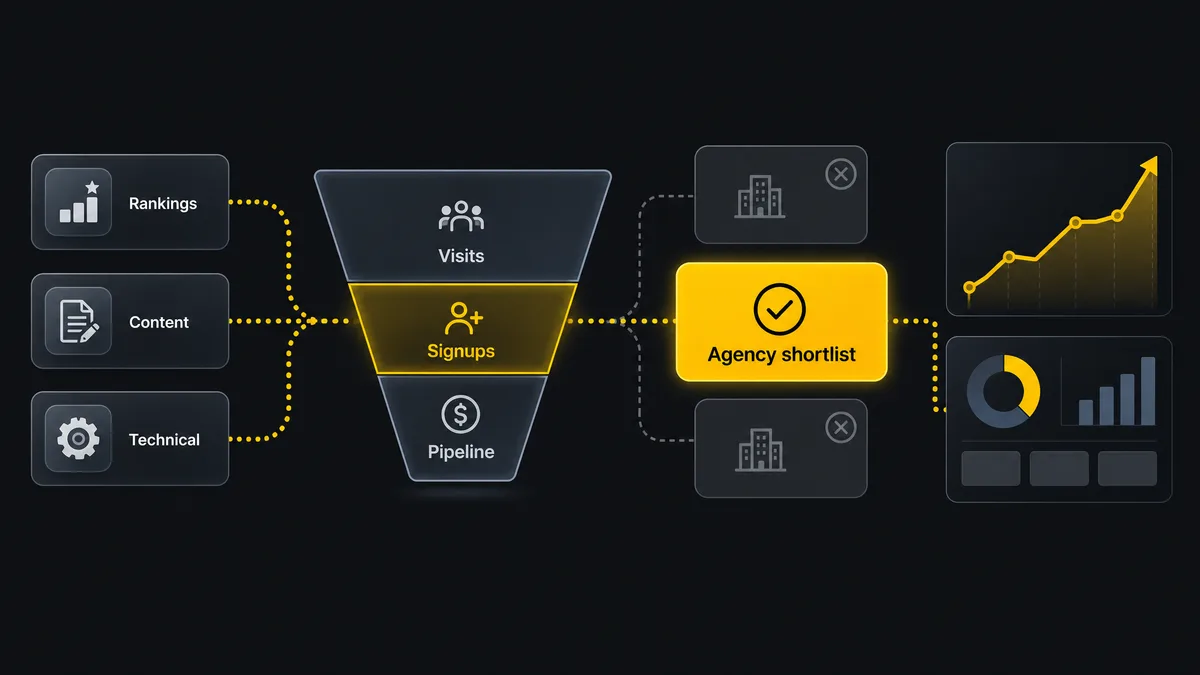 A SaaS growth decision table showing agency proposals, funnel evidence, analytics cards and a highlighted shortlist path.