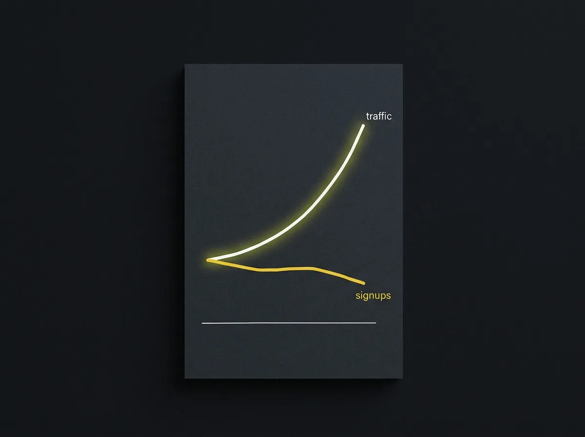 Two diverging lines on a notepad, traffic rising and signups flat
