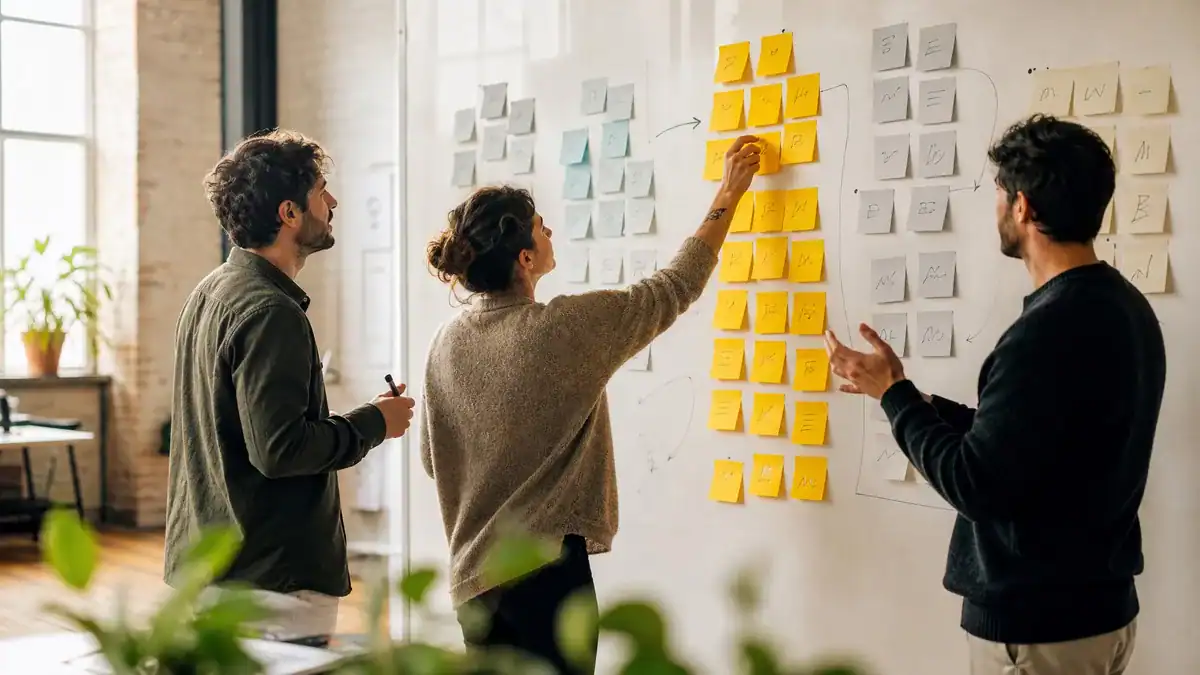 Team of creative professionals discussing ideas on sticky notes at Creative Tweed.