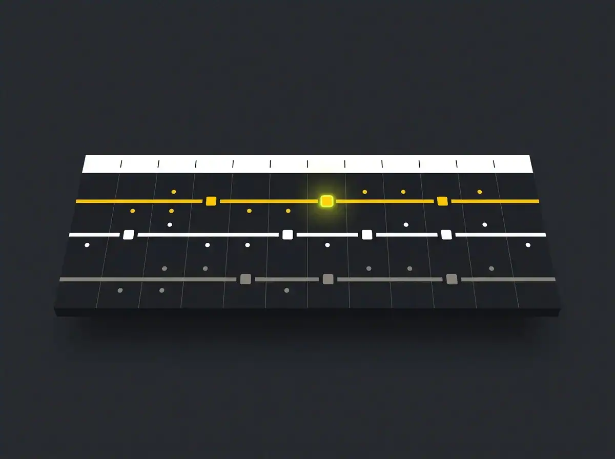 Close-up of a digital audio mixer with illuminated sliders and controls.