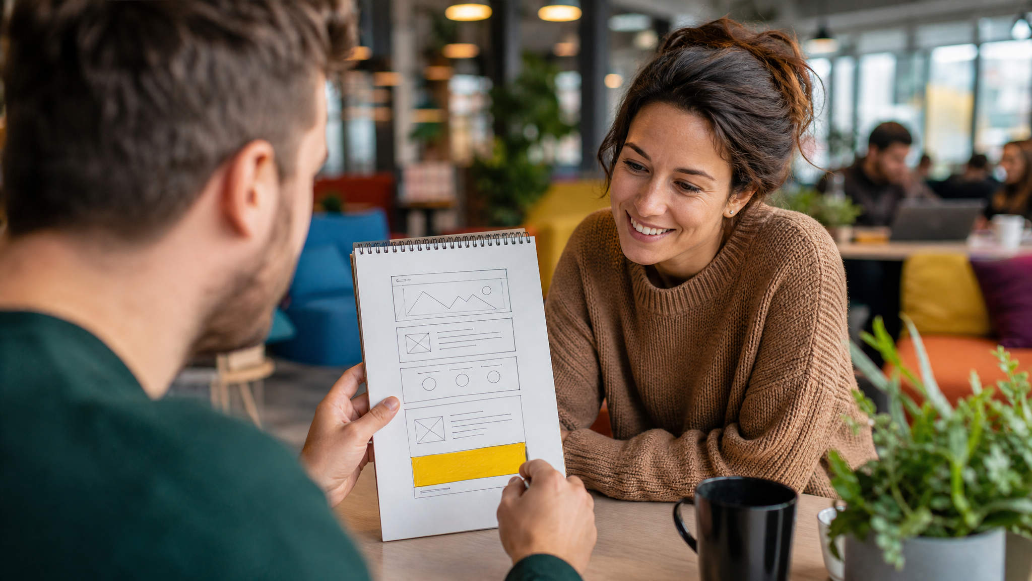 Designer in a coworking space showing a hand-sketched landing page wireframe to a smiling prospective client
