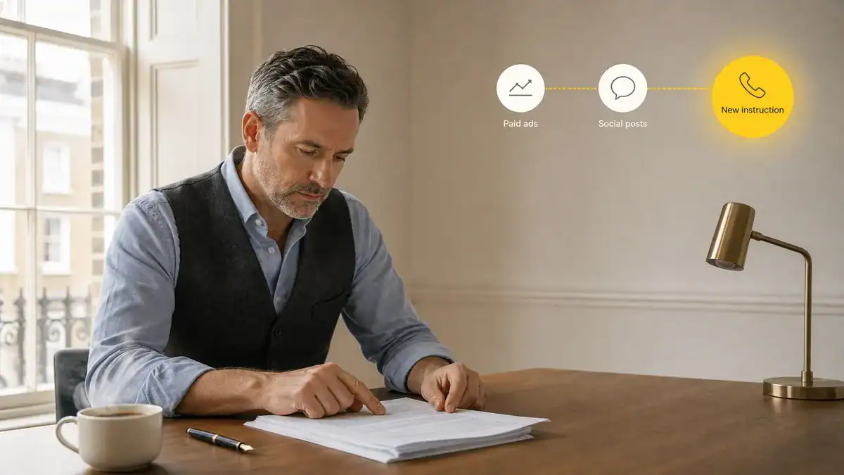 Businessman reading documents at desk with a coffee mug and lamp.