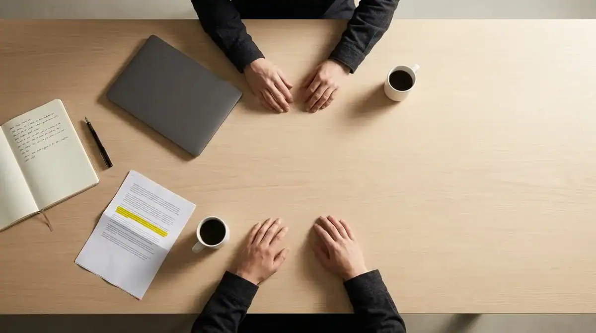 Two people in a business meeting with documents and coffee on a wooden table.