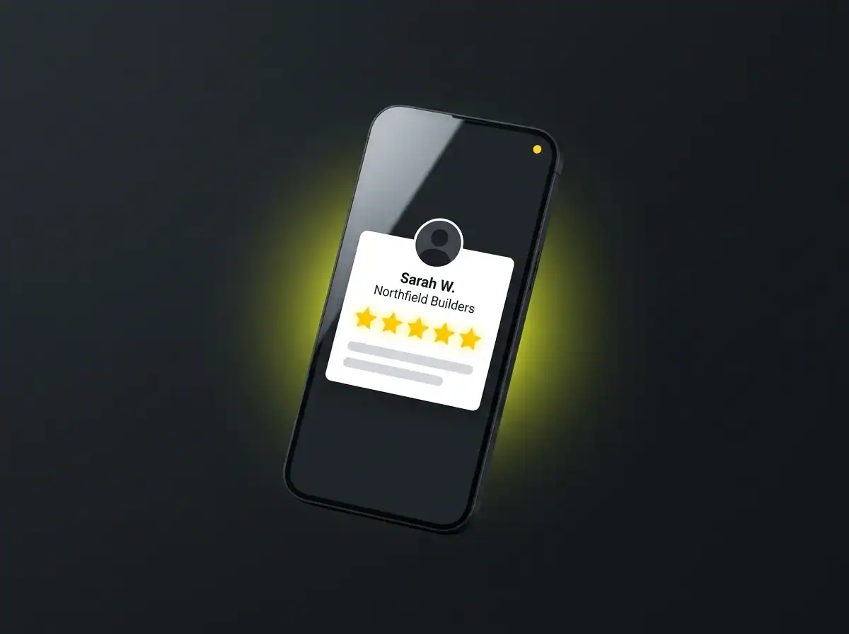 Phone screen showing a five-star Google review for a UK builder