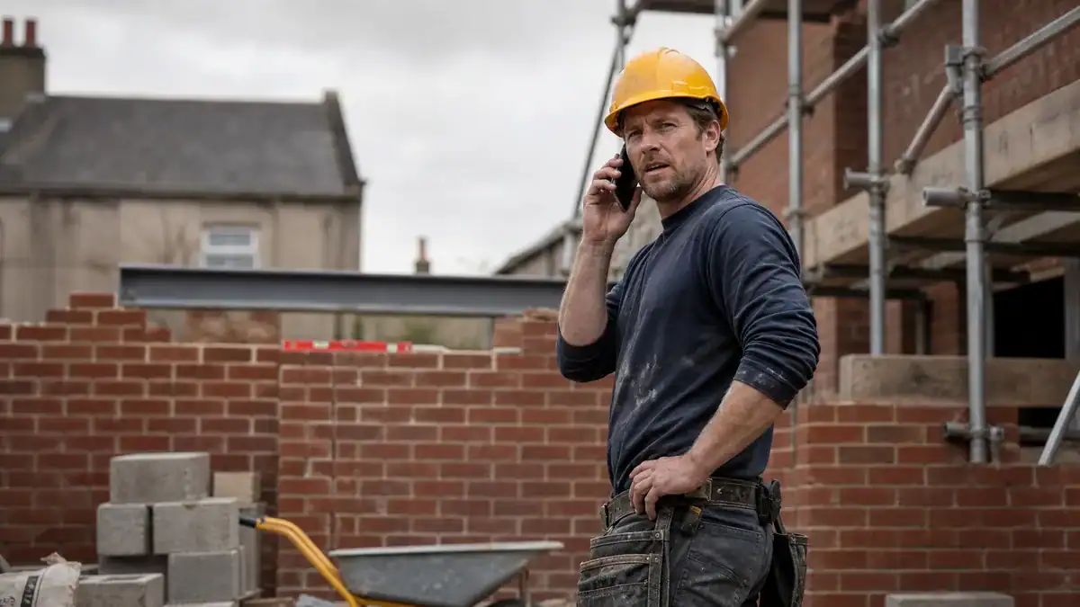 UK builder on a residential construction site holding a phone