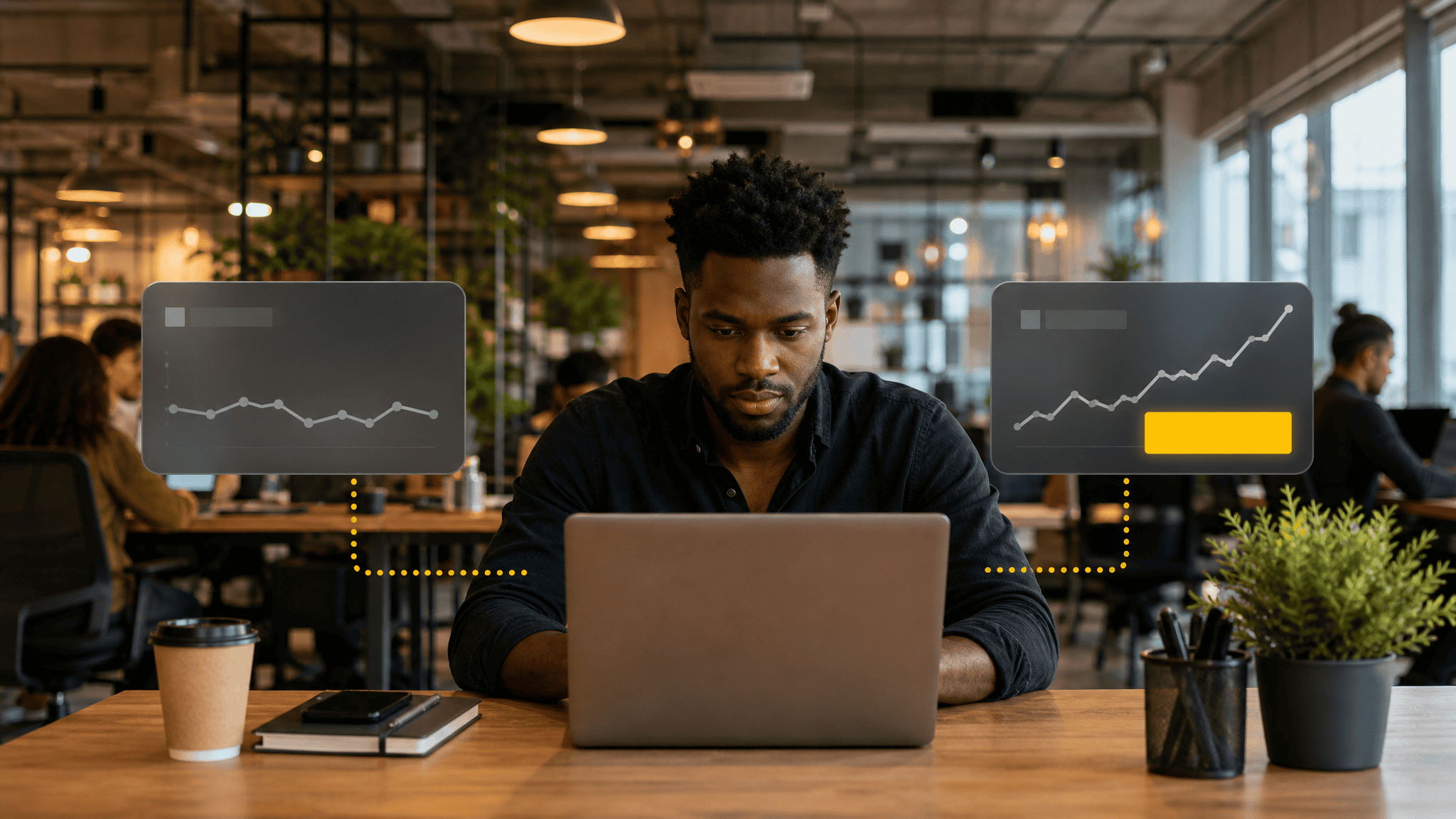 Black male ecommerce marketer at desk in vibrant coworking office with muted clicks panel and yellow-highlighted profit panel