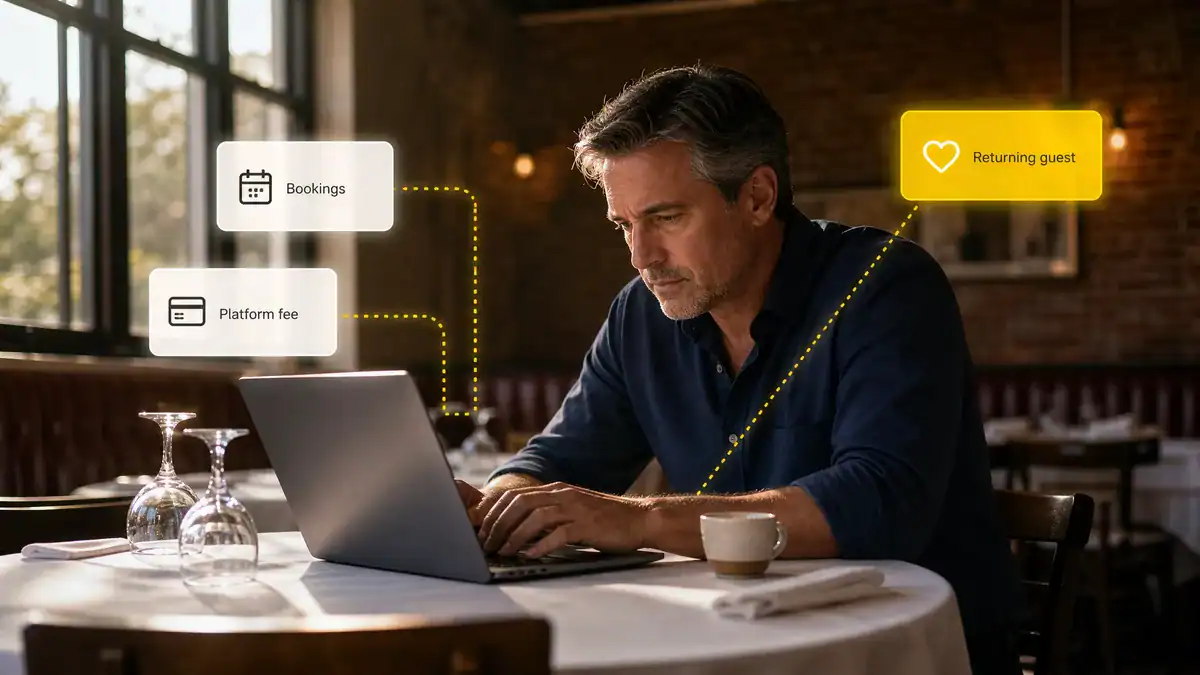 Man working on laptop with booking and fee icons in cozy cafe setting.