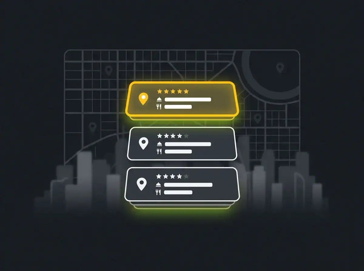 Stylised map pack showing three local restaurant listings with star ratings