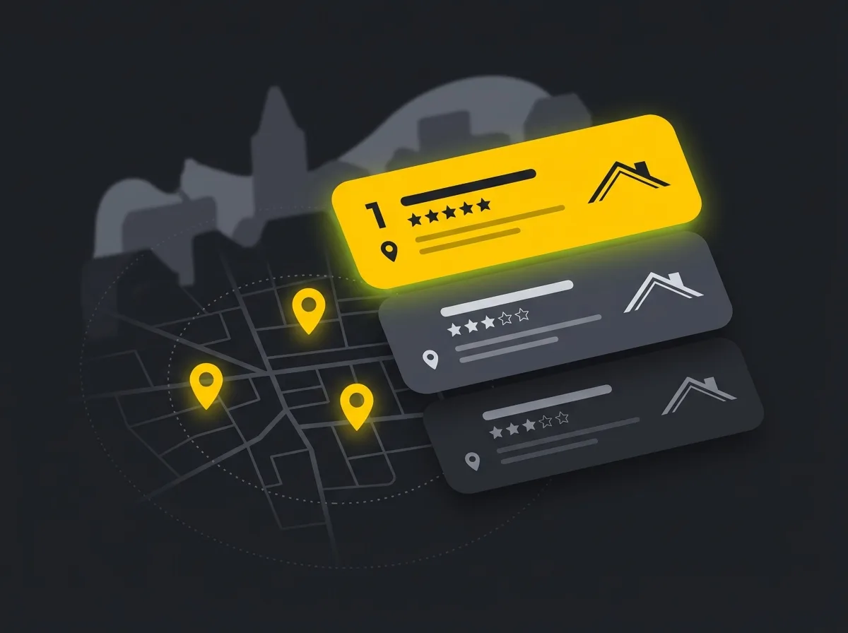 Stylised map pack with three UK roofing firms ranked across a town service area