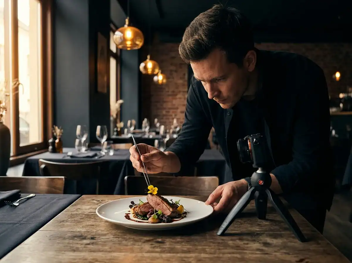 Chef carefully plates gourmet dish in a stylish restaurant setting.