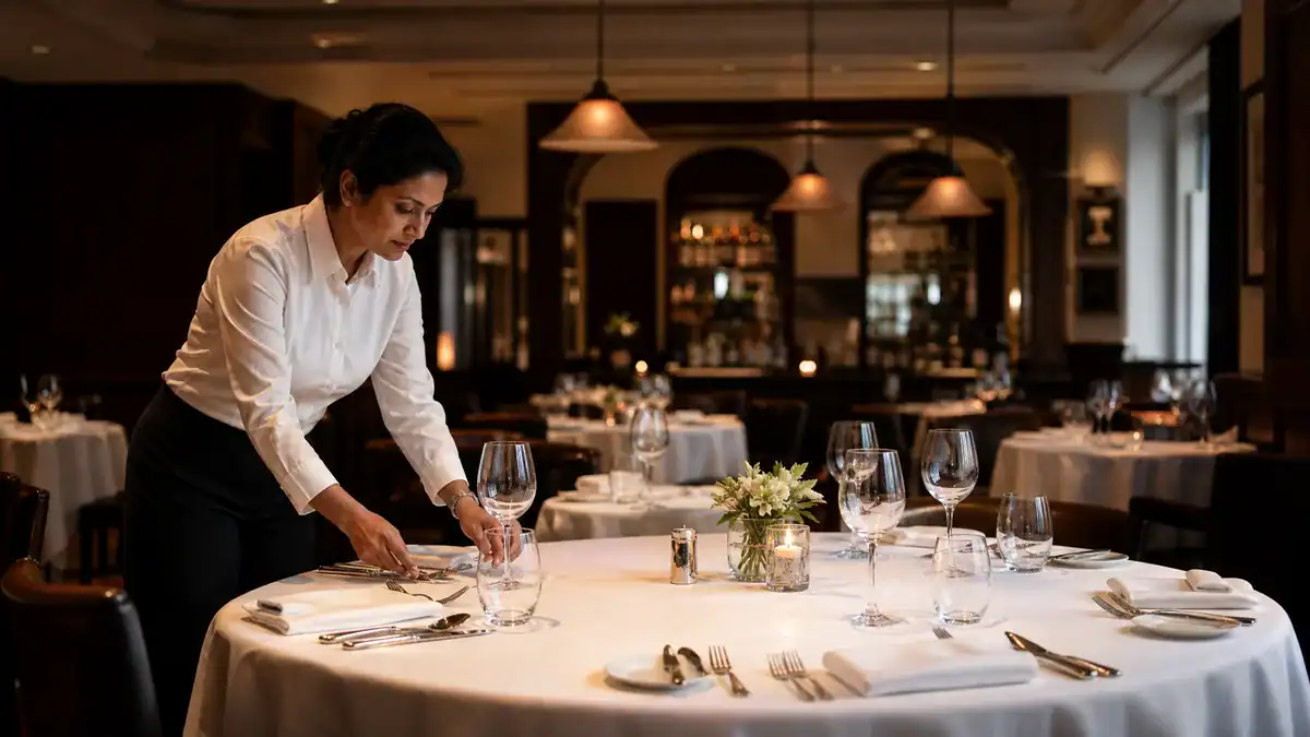 Waitress preparing a fine dining table in an upscale restaurant.