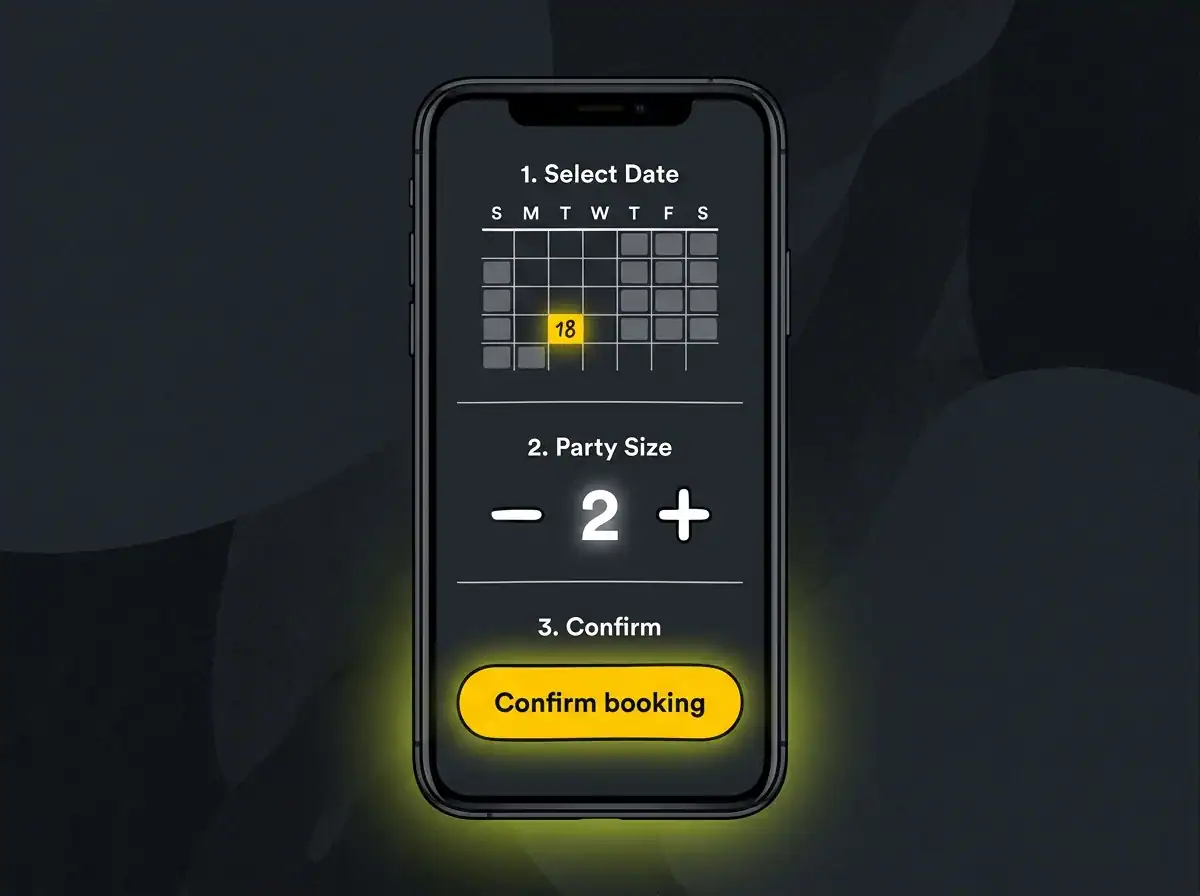 Mobile app screen for booking with date, party size, and confirm button.