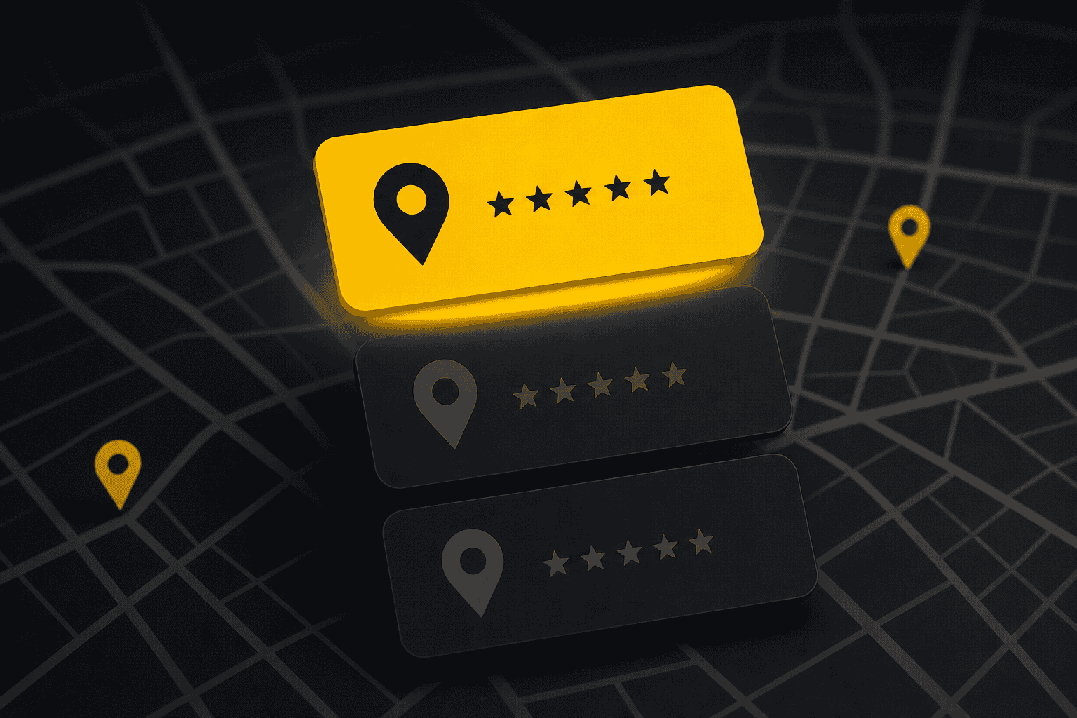 Stylised map pack with three local clinic cards and location pins above a city outline