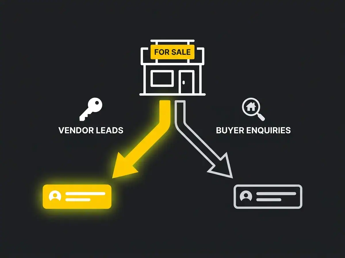 Diagram showing the two distinct lead flows in estate agent SEO: vendor leads and buyer enquiries
