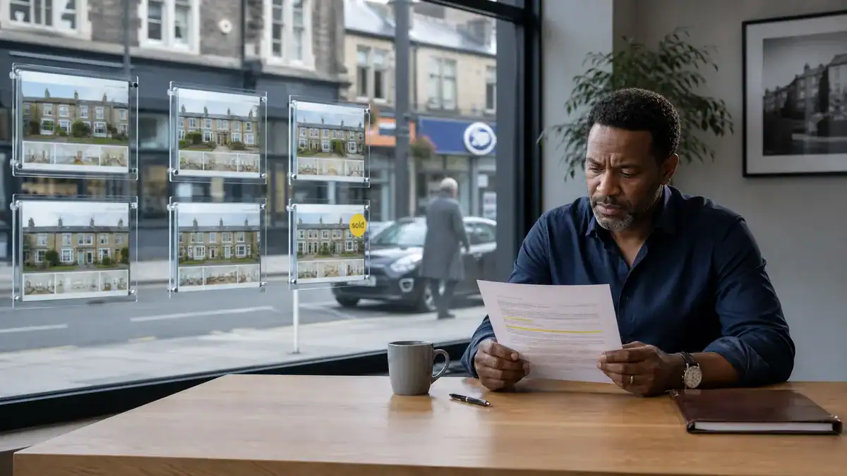 Estate agency principal reviewing an SEO proposal at a desk with UK property listings visible in the window behind