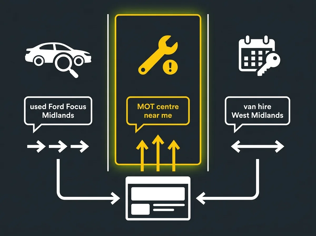 Diagram showing three automotive buyer types and their typical search queries